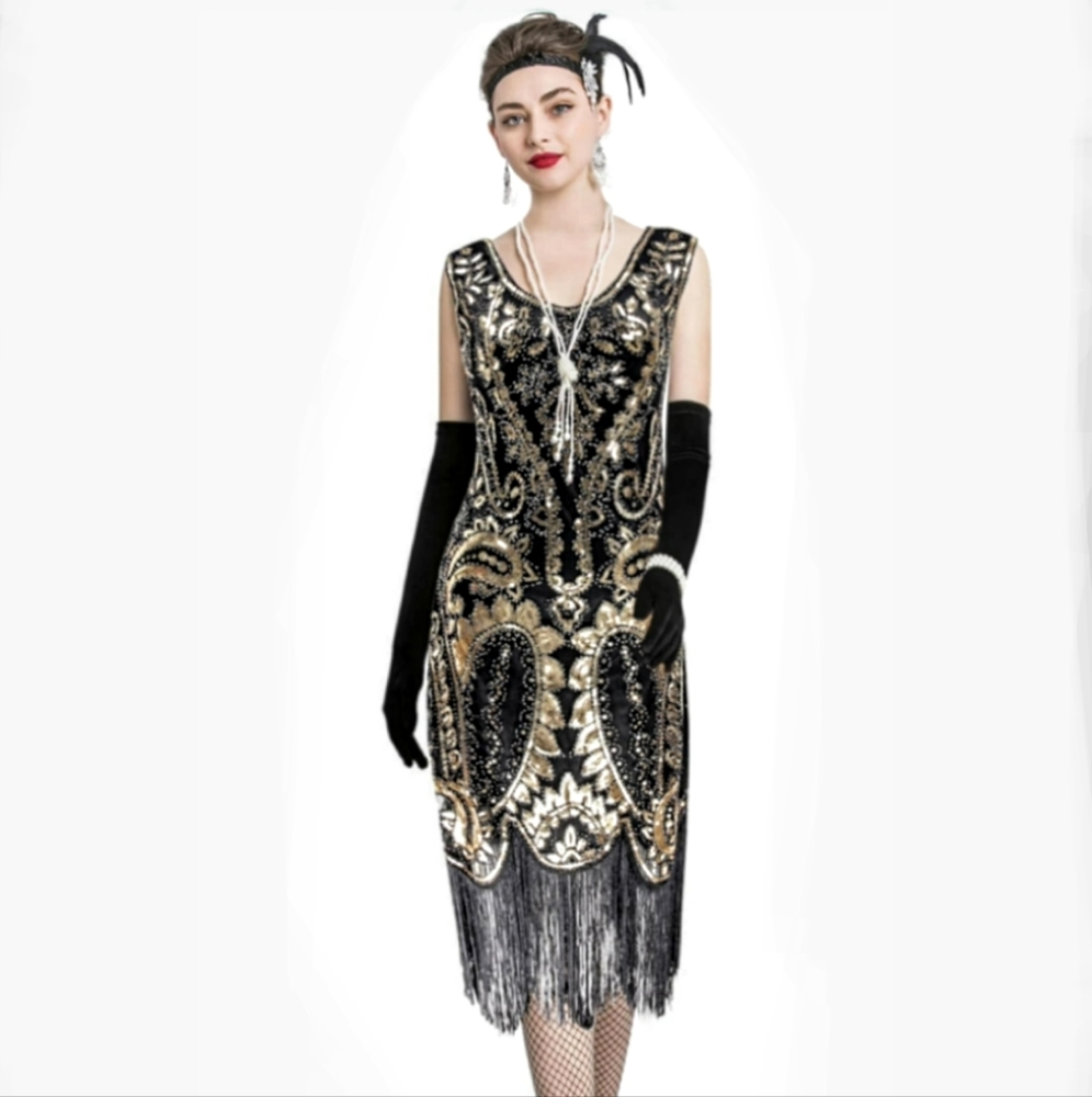 🖤 6pc Deluxe Gold Black Lace Sequin Fringe Flapper Dress Great Gatsby Costume